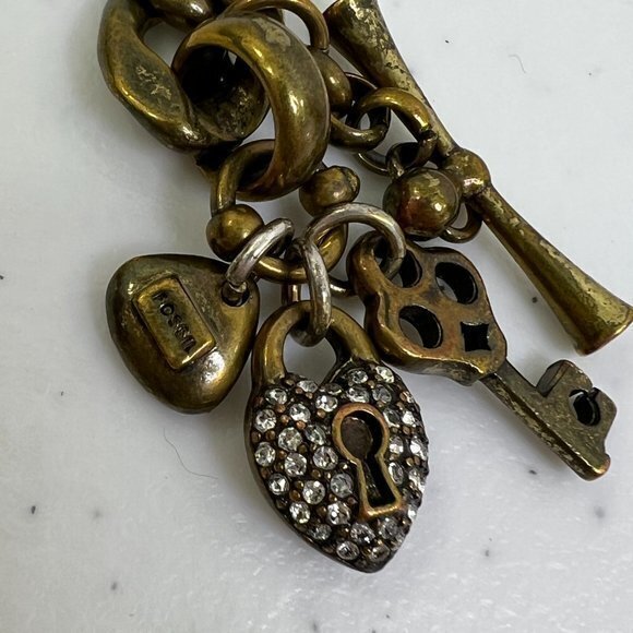 Fossil‎ Chain Bracelet Gold Tone Rhinestone Lock Key 7 Inch Charm Thick Cuban - Picture 5 of 7